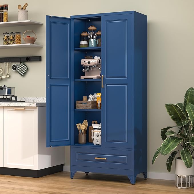 75??Kitchen Pantry Storage Cabinet,Metal Tall Storage Cabinet with Drawers and Adjustable Shelves,Modern Kitchen Hutch Cabinet,Freestanding Cupboard for Living Room,Blue
