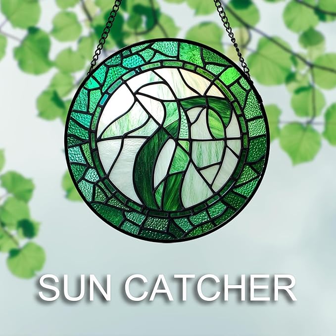 Stained Glass Window Hanging Abstract Green Plants 7.8" - Suncatcher Door Garden Sun Catcher Home Ireland Decor Birthday Mother's St Patrick's Day Gifts for Mom Men Woman Wife Friends