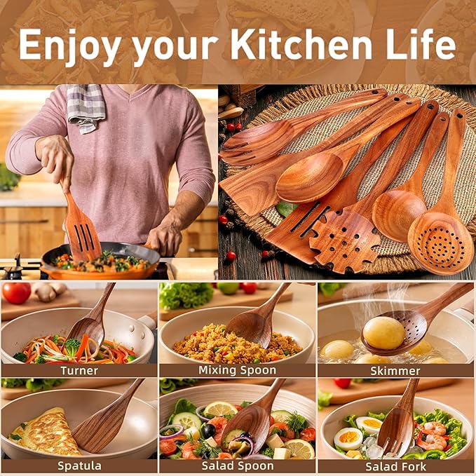 Wooden Spoons for Cooking Utensils Set - 9 Pcs Natural Teak Wooden Kitchen Utensils Set - Non-Stick Cooking Wooden Spoon with Holder, Wooden Spatula, Spoon Rest & 6 Hooks