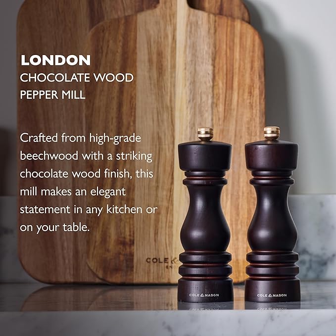 Cole & Mason London Refillable Spice Mill - Kitchen & Home Accessory - Table Black Pepper Grinder - Pepper Mill with Carbon Steel Mechanism - 7", Chocolate Wood