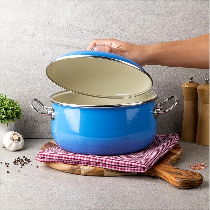 VITA 6-Quart Dutch Oven (Blue) with Lid for All Stove Tops (Enamel on Steel) Dishwasher & Oven Safe up to 500 ??- Quick & Even Heat Distribution - Enameled Interior is Non-Reactive & Easy to Clean