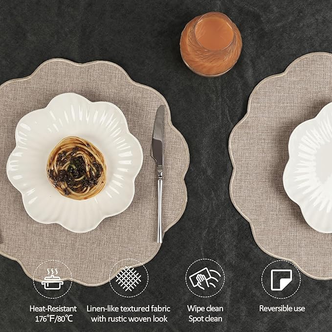 AHHFSMEI Round Faux Linen Placemats Set of 6 Waterproof Table Mats Heat Resistant Non-Slip and Stain Proof for Kitchen Dining Elegant Decor (Linen Beige,6)