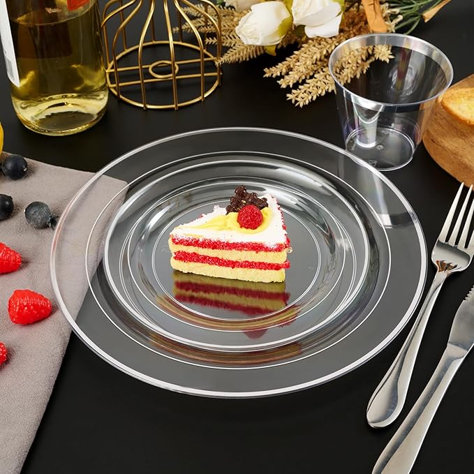 FOCUSLINE 100 Count Clear Silver Plastic Plates 7 Inch, Disposable Heavy Duty Clear Plates with Silver Rim, Premium Hard Plastic Plate Fancy Disposable Salad Dessert Plate for Wedding Parties