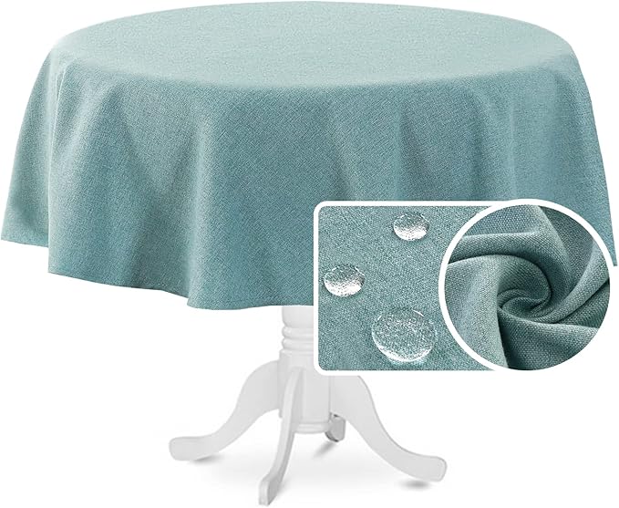 H.VERSAILTEX Linen Textured Tablecloth Round 70 inch Waterproof Decorative Table Cloth Spill-Proof Linen Look Cover for Party Table Extra Soft and Thick Fabric Wrinkle Free, Heather Aqua