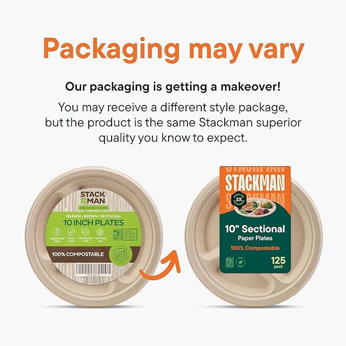 100% Compostable, 3 Compartment, Disposable Paper Plates [125-Pack] - {PFAS Free} - {BPA Certified} - [10 Inch] Heavy Duty Biodegradable Bagasse Sectional Lunch Trays + Dividers - Divided Platte Tray