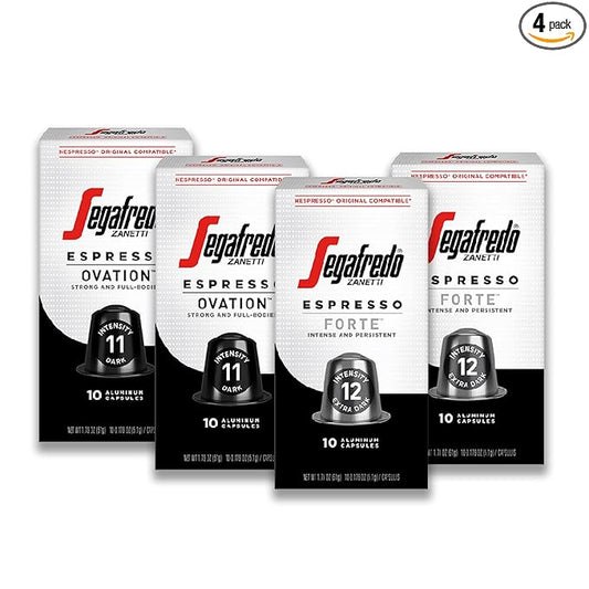 Segafredo Zanetti Espresso Capsules ??Aluminum Pods for Nespresso Original Machines ??Ovation & Forte Variety Pack Premium Espresso ??Dark and Extra Dark Roast ??Ovation & Forte, 10 Count (Pack of 4)