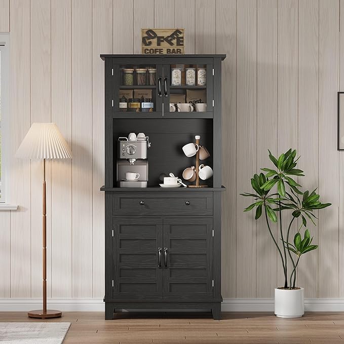 Elegant Black Modern Wood Pantry Coffee Cabinet with Ample Storage, Spacious 72" Tall Kitchen Bar Cabinet Hutch Featuring 4 Stylish Glass Doors & 1 Smooth Drawer, Versatile Stand-Alone Food Pantry