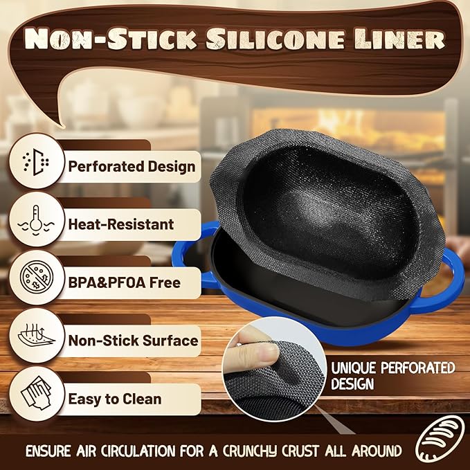 Enameled Cast Iron Oval Bread Oven with Non-Stick Silicone Liner, 2QT, Blue, Mini Oval Homemade Sourdough Dutch Oven with Lid, Artisan Bread Loaf Pan for Homemade Bread Five-Years Free Replacement