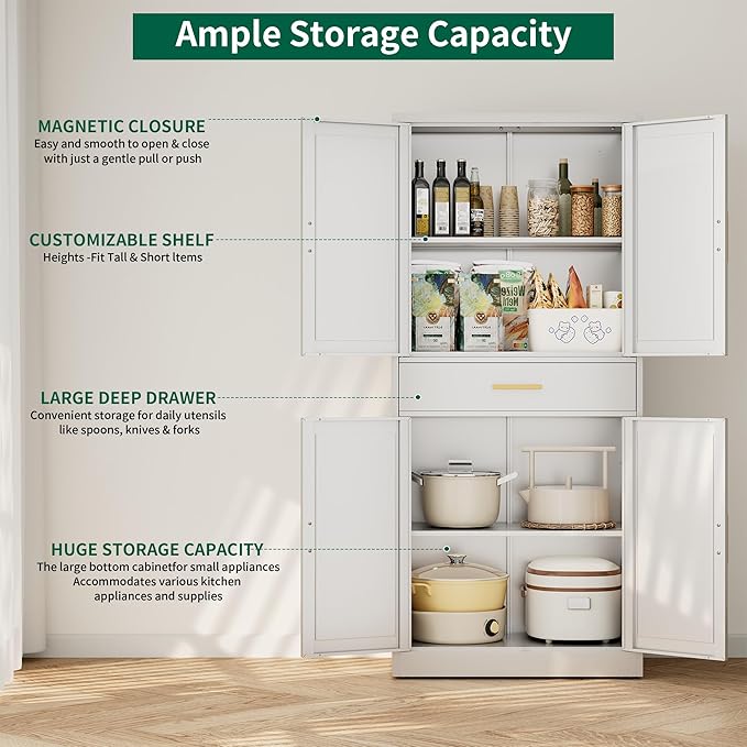 CJF 71" H Metal Kitchen Pantry Storage Cabinet, Freestanding Cupboard with Adjustable Shelves and 1 Drawer, Standing Storage for Kitchen, Bathroom, Garage, Dinning Room or Utility Room（White）