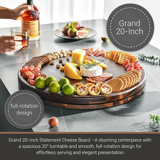 Shanik Acacia Wood Rotating Cheese Board ??Round Lazy Susan Charcuterie Platter for Appetizers, Crackers, Meat, and Cheese Serving Tray