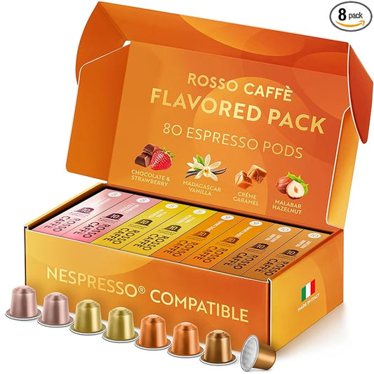 ROSSO CAFF횊 Espresso Coffee Pods for Nespresso Original Machines - 80 Capsules Flavored Pack, 4 Rich and Balanced Flavors (Chocolate, Vanilla, Cr챔me Caramel, Hazelnut) - Made in Italy
