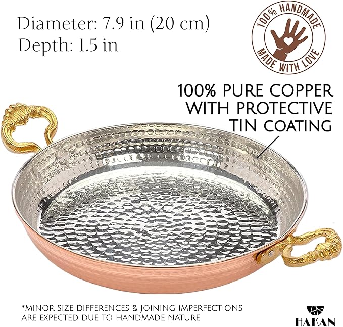 Hakan Copper Egg Pan for Cooking | Handmade Frying Pan | Hammered Skillet with Double Handles for Omelette | Authentic Kitchen Cookware & Copper Gifts Idea, 7.9??(20 cm)