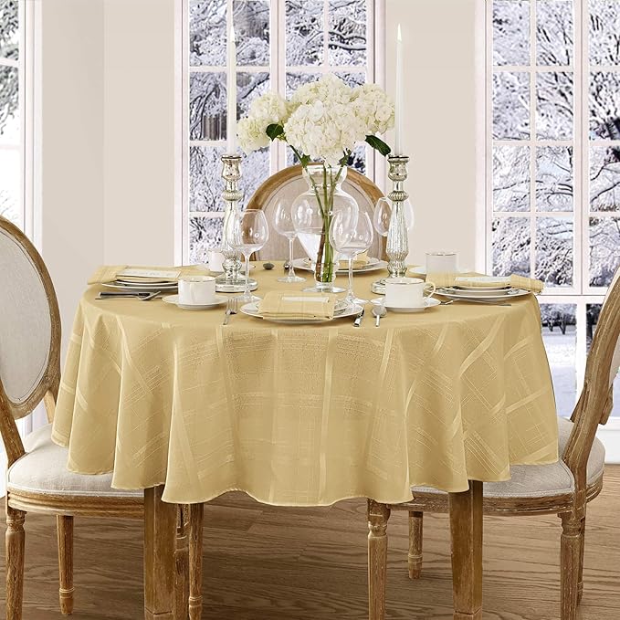 Newbridge 70 Inch Round Fabric Tablecloth, Elegance Plaid, 100% Polyester, No Iron Soil Resistant Dining Room, Party and Banquet Table Cover, Solid Textured, Ribbon Gold