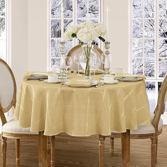 Newbridge 70 Inch Round Fabric Tablecloth, Elegance Plaid, 100% Polyester, No Iron Soil Resistant Dining Room, Party and Banquet Table Cover, Solid Textured, Ribbon Gold
