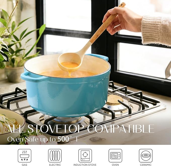 CAROTE 5QT Enameled Cast Iron Dutch Oven Pot with Lid, Heavy-Duty Dutch Ovens for Sourdough Bread Baking, Braising, Roasting, Dual Handles, Healthy & Non-Toxic, All Stovetop Compatible, Oven Safe up to 500째 F, Macaron Blue