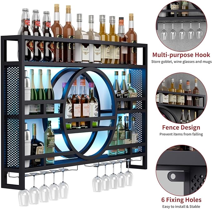 3-Tiers 47in Wine Rack Wall Mounted with Upgarded LED, Floating Bar Shelves with Wine Glass Holder Hanging Industrial Liquor Shelf, Wall-Mounted Wine Racks Cabinets for Home Bar, No Assembly Required