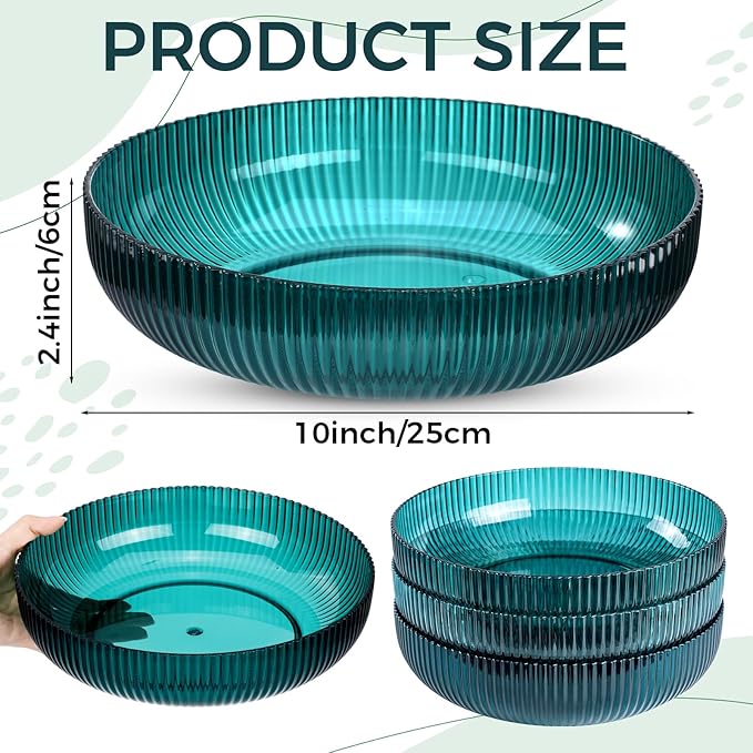 10 Pack 10 Inch Large Plastic Serving Bowls Salad Mixing Bowl Vertical Ribbed Pattern Buffet Party Serving Bowls for Vegetable Fruit Salad Candy Chip Popcorn Snack(Peacock Blue)