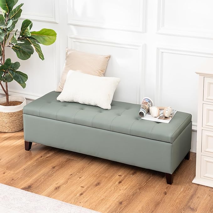 DECO DE VILLE Ottoman with Storage, 51 Inch End of Bed Storage Ottoman Bench, Faux Leather Upholstered Ottomans with Hinged Lid, Rectangle Long Foot Rest Bench for Living Room Bedroom Light Green