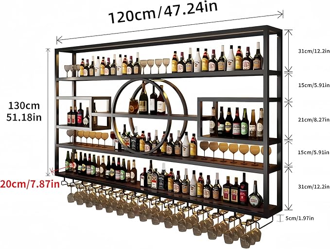 47" Metal Wine Rack Wall Mounted, Modern Wood Bar Shelves Wall Mounted with Glass Holder, Multi Functional Bar Shelf for Home Bar & Dining Room(Black, 51" Height)