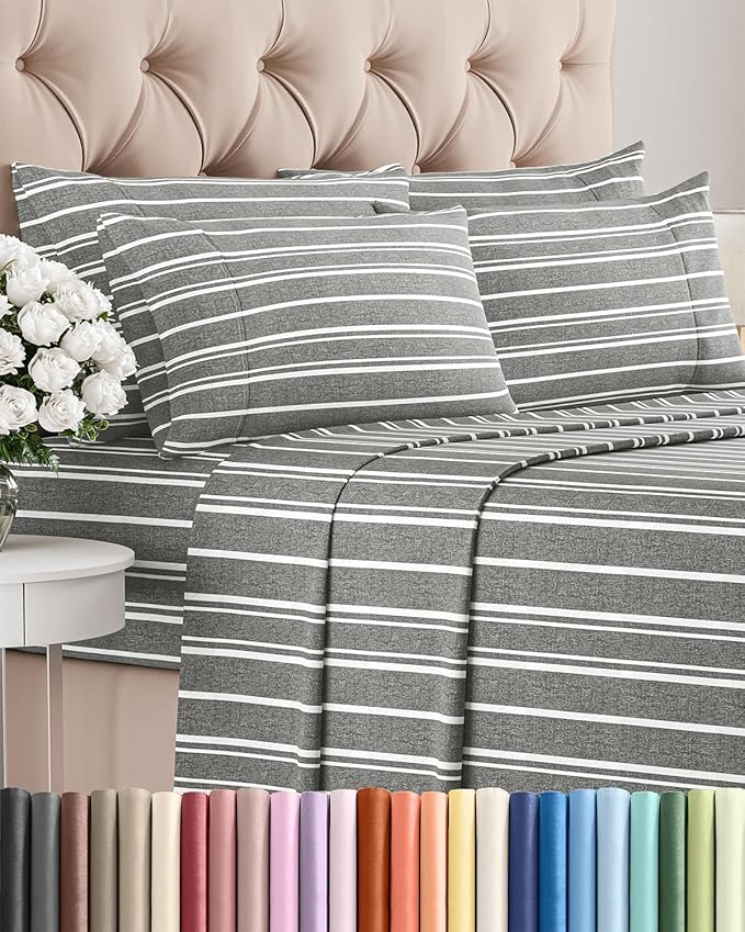 Queen 6 Piece Sheet Set - Cooling & Breathable Bed Sheets - Hotel Luxury Bed Sheets for Women, Men, Kids & Teens - Bedding w/Deep Pockets & Easy Fit - Soft & Wrinkle Free - Queen Grey Stripes Sheets