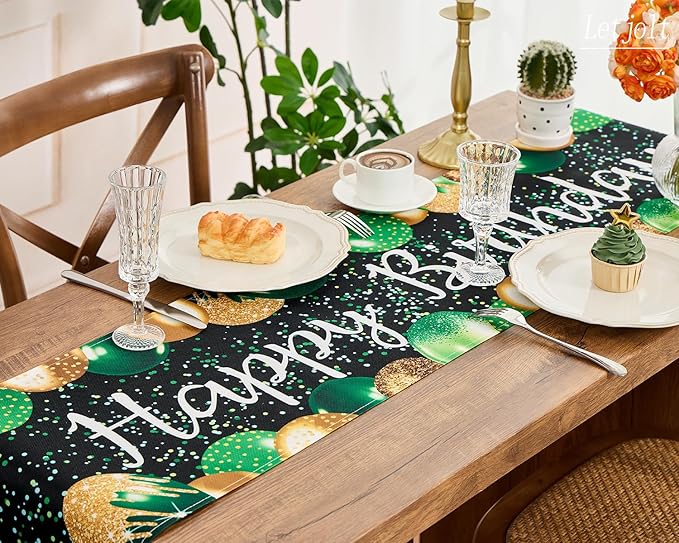 Letjolt Golden Green Balloon Happy Birthday Table Runner 72 Inches Celebrate Birthday Party Table Decor