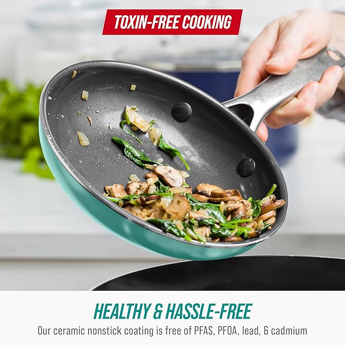 Blue Diamond Frying Pan 8??Skillet, Diamond Infused Healthy Ceramic Nonstick, PFAS and PFOA-Free, Dishwasher and Oven Safe, Even Heating, Metal Utensil Safe, Warp Control Base, Turquoise