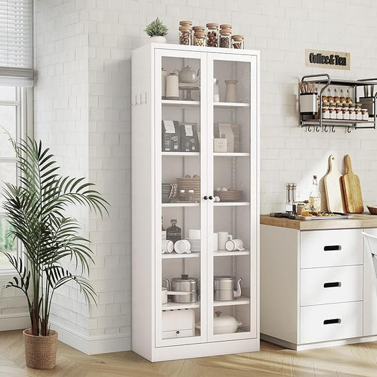 72" Tall Kitchen Pantry Cabinet,White Metal Pantry Cabinet with 2 Doors & 5 Adjustable Shelves,Utility Storage Cabinet Rust-Resistant for Living Room,Dining Room,Bathroom,Garage,Basement