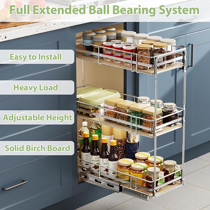 ROOMTEC 3-Tier Pull Out Cabinet Organizer Spice Rack for Narrow Cabinet 9" W x 20쩍" D, Slide Out Wood Shelves Storage for Kitchen