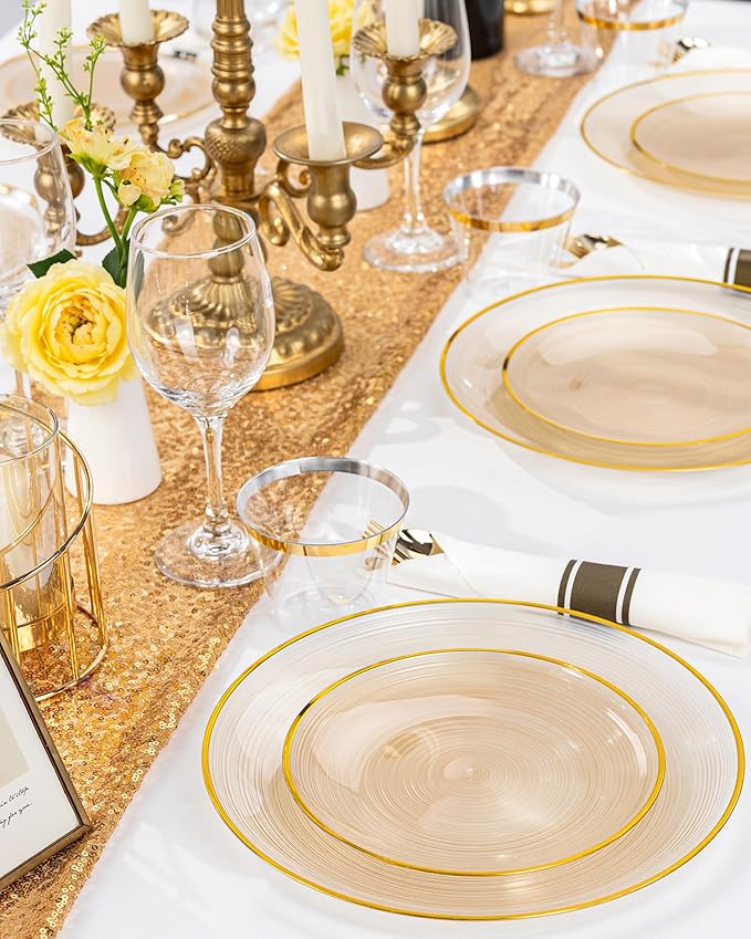 Morejoy 350PCS Clear Brown Plastic Plates - Disposable Gold Party Plates & Pre Rolled Napkins with Cutlery for 50 Guests, 100Plates, 150Silverware, 50Cups, 50Napkin for Party & Christmas