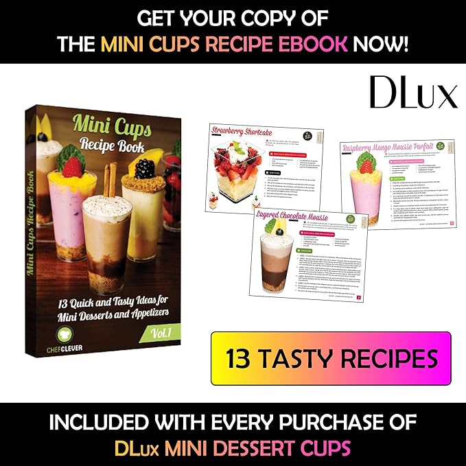 DLux 100 x 3 oz Mini Dessert Cups with Spoons and Lids, Square Tall - Clear Plastic Parfait Appetizer Cup - Small Reusable Serving Bowl for Party Desserts Appetizers - With Recipe Ebook