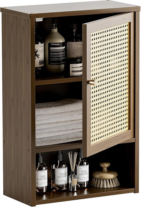 HITNET Bamboo Medicine Cabinet, Wall Mounted Bathroom Cabinet with Adjustable Shelf, Single Rattan Door Hanging Storage Organizer Over Toilet for Entryway, Laundry Room(Walnut)
