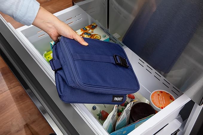 PackIt짰 Freezable Essential Cooler, True Blue, Built with EcoFreeze짰 Technology, Fully Freezable, Collapsible, Reusable, With Adjustable Crossbody Strap, Top Clip Handle, Designed for Fresh Office