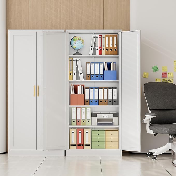 CJF 71" H Metal Kitchen Pantry Storage Cabinet, Freestanding Cupboard with 2 Doors and 4 Adjustable Shelves, Standing Storage for Kitchen, Bathroom, Garage, Dinning Room or Utility Room（White）