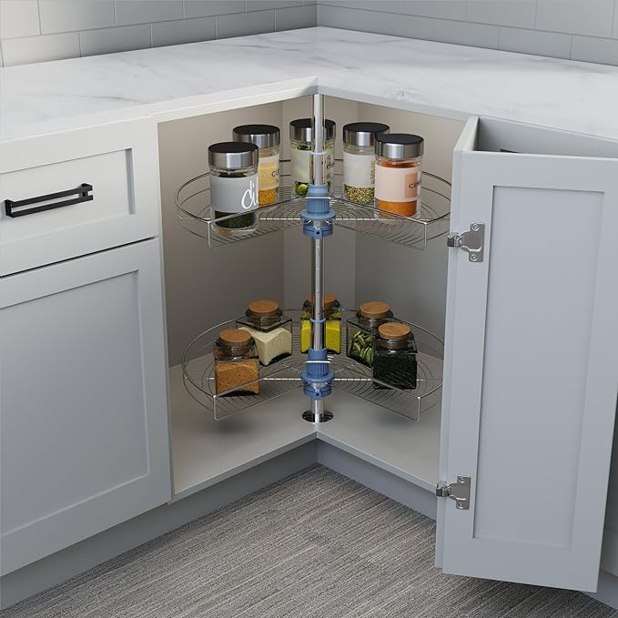 Dowell Base Cabinet Kidney Shape Dia.24 270째 Lazy Susan, 2 Shelves, Kitchen Base Corner Cabinet Organizer (Chrome 4001 270 24)