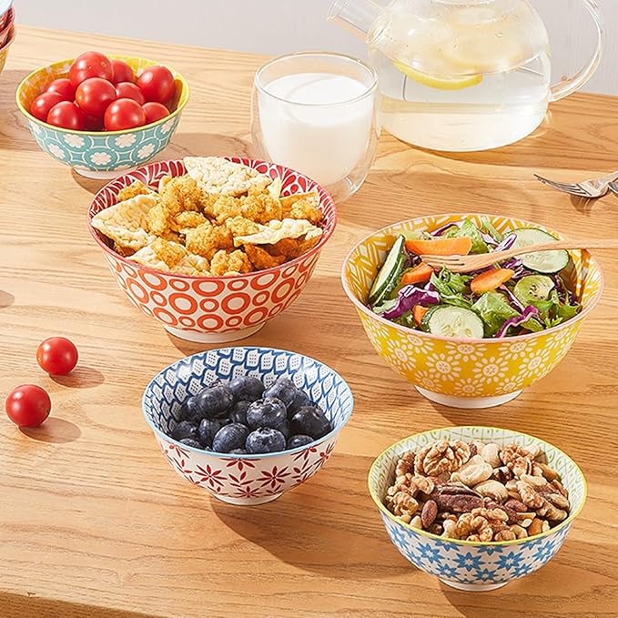 AntoKueh 23 OZ Colorful Large Ceramic Bowl Set of 6 6 inch Deep Porcelain Cereal Bowls for Salad, Soup, Snack and Rice竊똃ishwasher/Microwave safe