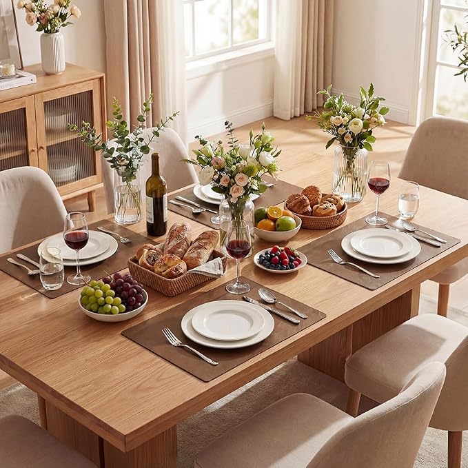 Artoid Mode Brown Faux Leather Placemats Set of 4, 12x18 Inch Waterproof Wipeable Heat Resistant Place Mats, Reversible Table Mats for Kitchen Dining Decor