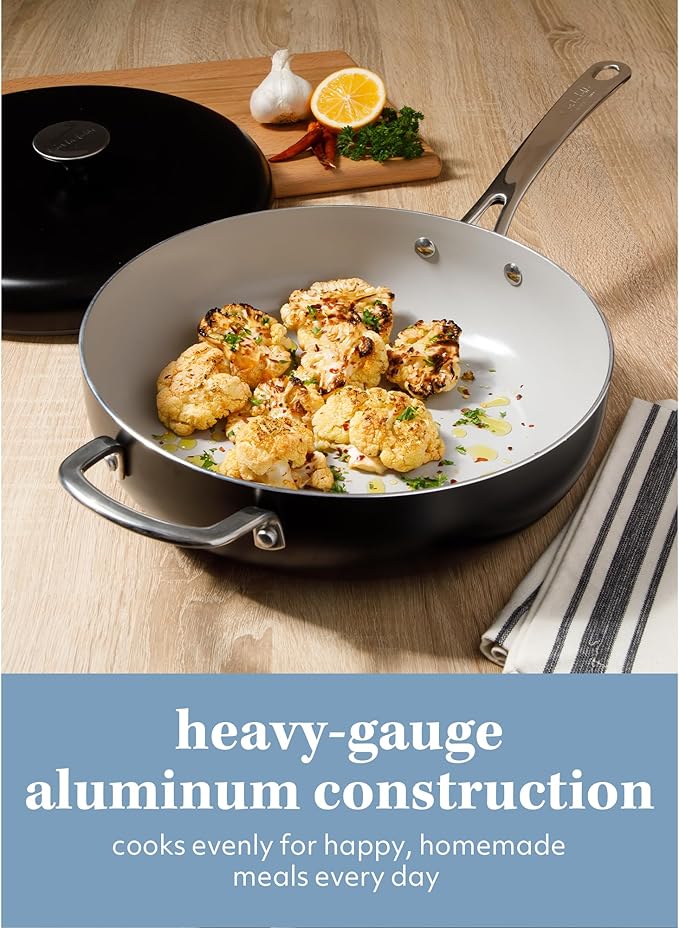 Sur La Table Kitchen Essentials Potluck Porch 4.5 Quart Saut챕 Pan, Deep Frying Pan Skillet w/Lid Aluminum PFA Free Ceramic Cookware Chef's Pan, Omelet Pan - Induction - Black