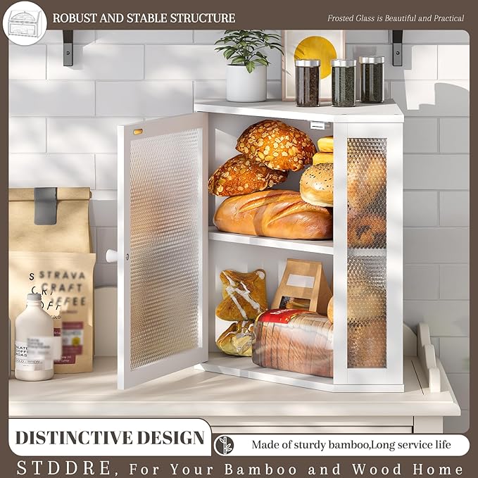 Corner Bread Box Kitchen Countertop Extra Large Capacity Farmhouse Bread Box, Corner Countertop Storage, Double Layer Bread Holder (White, Extra Large)
