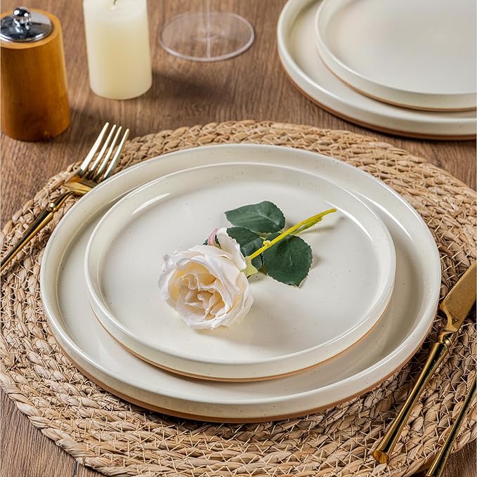 AmorArc Ceramic Dinnerware Set for 4 | Speckled Stoneware Plates and Bowls with unglazed terracotta | Scratch Resistant, Dishwasher & Microwave Safe Modern Dishes Sets- 12-Pcs Beige