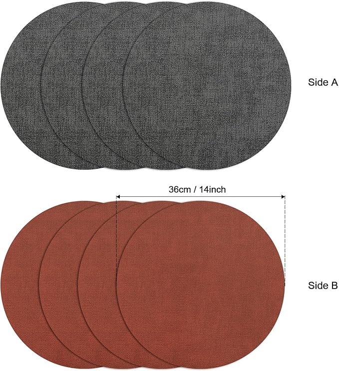 Myir JUN Round Dual-Sided Placemats, Faux Leather Set of 4 for Indoor and Outdoor Dining Tables, Non-Slip Washable Table Mats (Gray Terracotta)