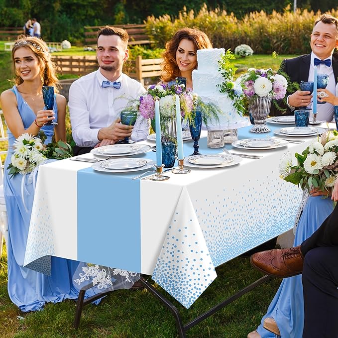 MASHAN 1Pcs White Light Blue Tablecloth Party Decorations,Plastic White Table Cloth Printed Baby Blue Table Runner Disposable Rectangle Cover for Birthday Baby Shower Wedding Party,54 x108 Inch