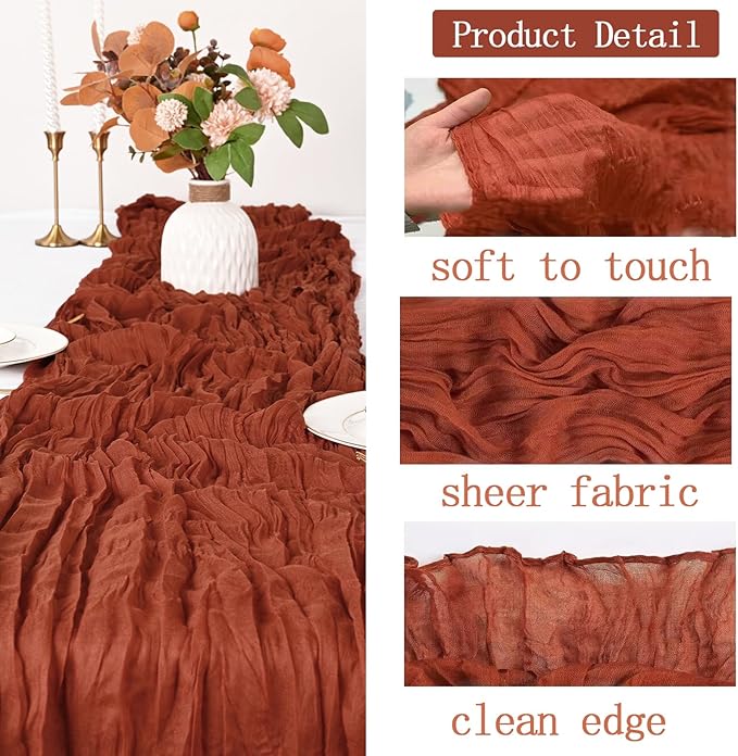 4 Pack Terracotta Cheesecloth Table Runner 20 x 120 inch Gauze Table Runners 10 FT Long,Semi Sheer Cheese Cloth Fabric Table Runner Bulk for Wedding,Party,Baby Shower,Bridal Shower Decoration