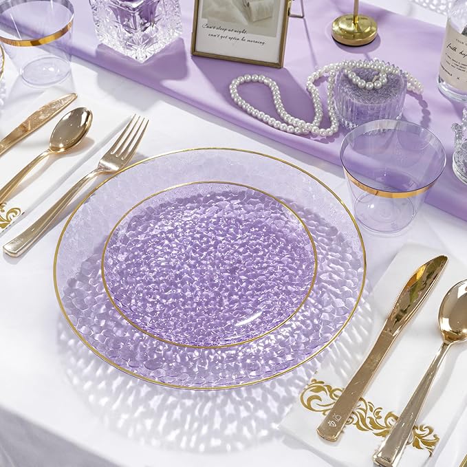DaYammi 60 Pieces Purple Gold Plastic Plates - 10 inch Clear Dinner Plates - Hammer Pattern Design - Fancy Clear Purple and Gold Disposable Plates For All Occasions