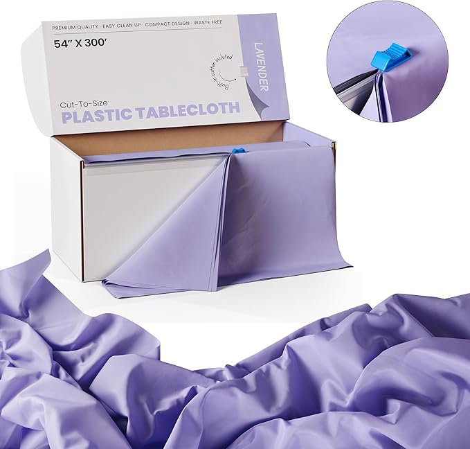 Party Solids 54 Inch X 300 Feet Lavender Plastic Table Cover Roll in A Cut - to - Size Box with Convenient Slide Cutter. Cuts Up to 36 Rectangle 8 Feet Plastic Disposable Tablecloths