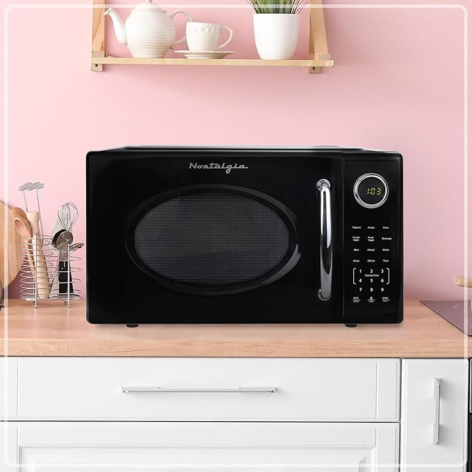 Nostalgia Retro 1000W Microwave Oven 1.1 Cu Ft Capacity ??Child Safety Lock, 8 Auto-Cook Settings ??Countertop Kitchen Appliance ??Black