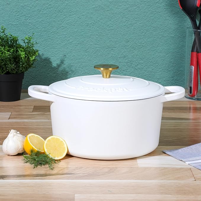 Crock-Pot Artisan 5-Quart Round Dutch Oven ??Matte Linen White with Gold Knob, Enameled Cast Iron Cookware
