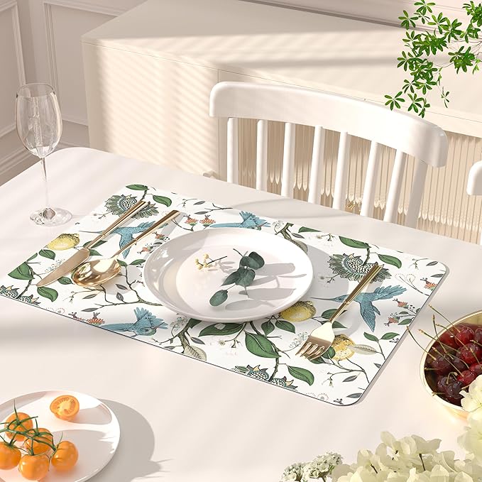 QIYI Placemats Set of 6, 12x18 Inch Faux Leather Place Mats for Kitchen Dinning, Heat Resistant Anti Slip Birds Table Mats, Waterproof Wipeable Washable Placemat Party Table D챕cor, Vintage Lemon Trees