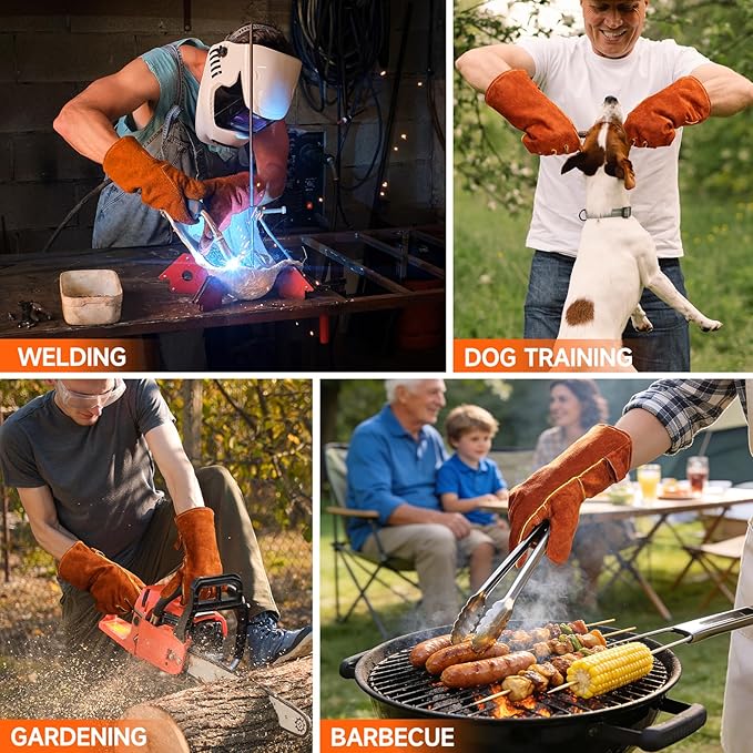 OZERO 932째F Heat Resistant Welding Gloves: 14 inches Cowhide Leather Long Sleeve and Insulated Lining Grill Glove - for Tig Mig Welder Forge Stove Oven Baking Fireplace Barbecue Grilling, Brown