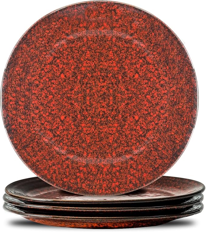 HASENSE Ceramic Dinner Plates Set of 4, 10 Inch Large Red Pasta Dessert Salad Serving Plates, Stoneware Steak Plate Set, Microwave and Dishwasher Safe