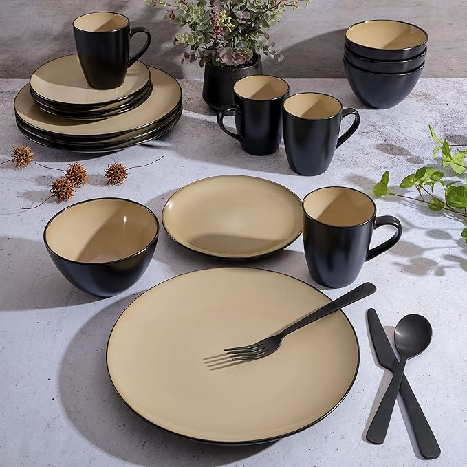 Gibson Elite Soho Lounge 16-Piece Round Reactive Glaze Stoneware Dinnerware Set, Service for 4 ??Taupe Plates and Bowls